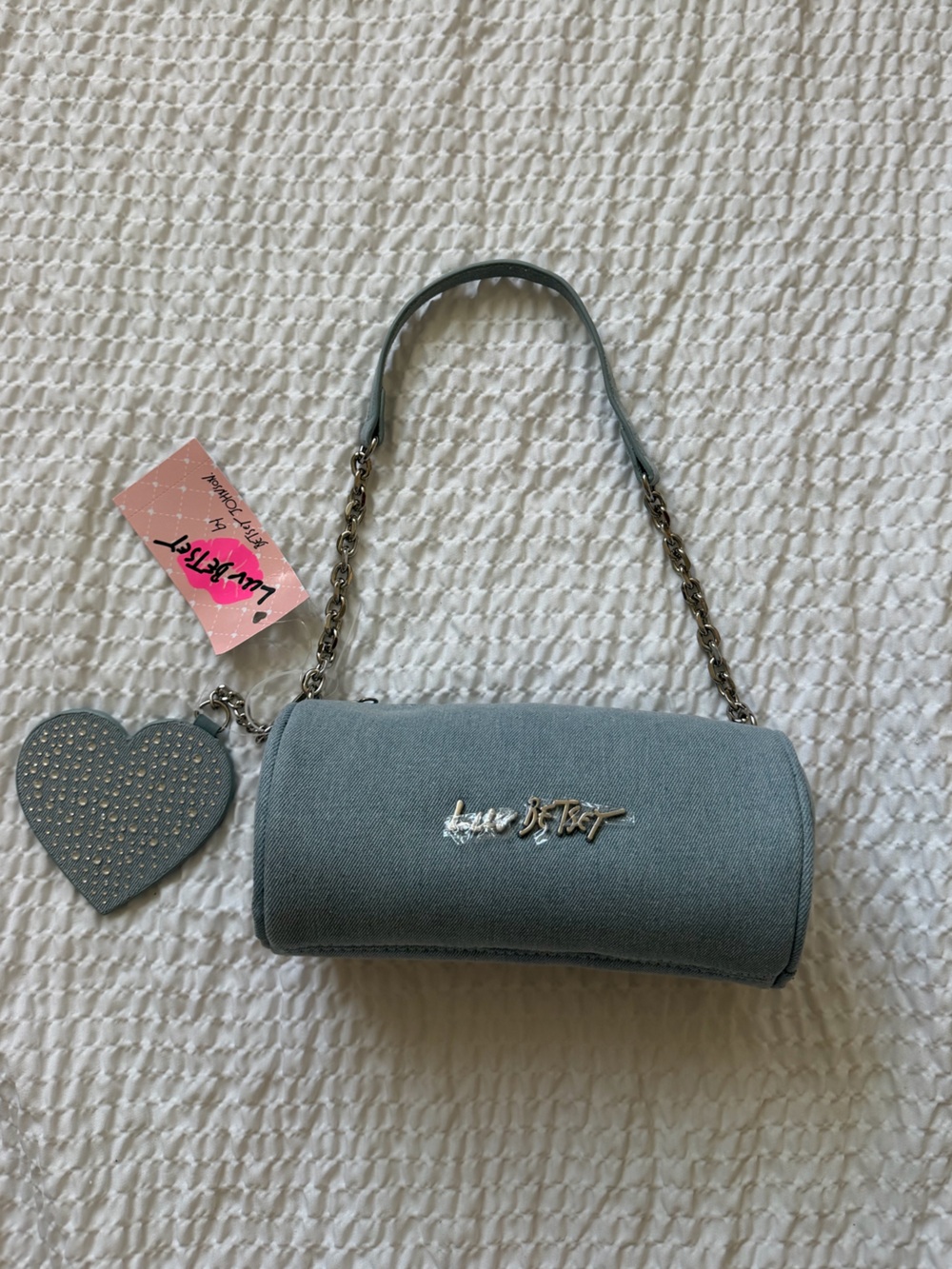 Betsey Johnson Light Blue Cylinder Shoulder Bag with Heart Charm